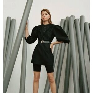 Zara voluminous poplin black mini dress puff sleeves gothic lace crochet bib M